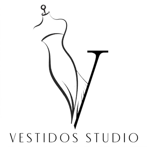 Logo of Vestidos Studio with a dress on a mannequin and a stylized letter 'V' on a white background.